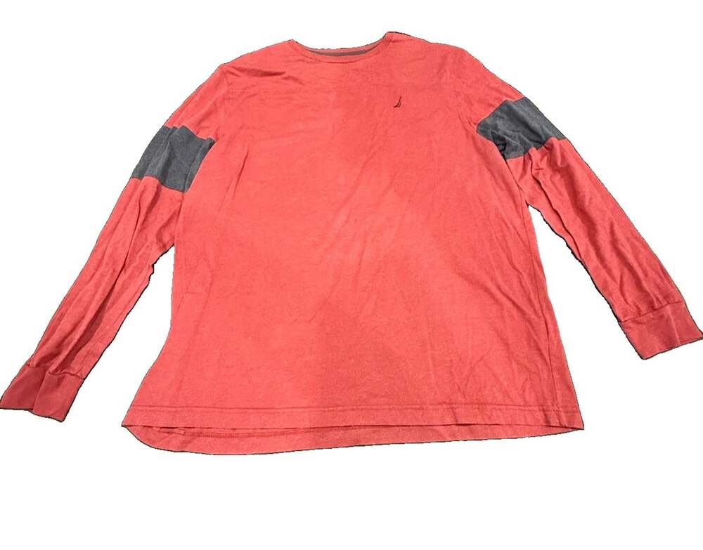 Nautica Men’s 2XL Long Sleeve Shirt Red Navy Colorblock Crewneck Logo XXL